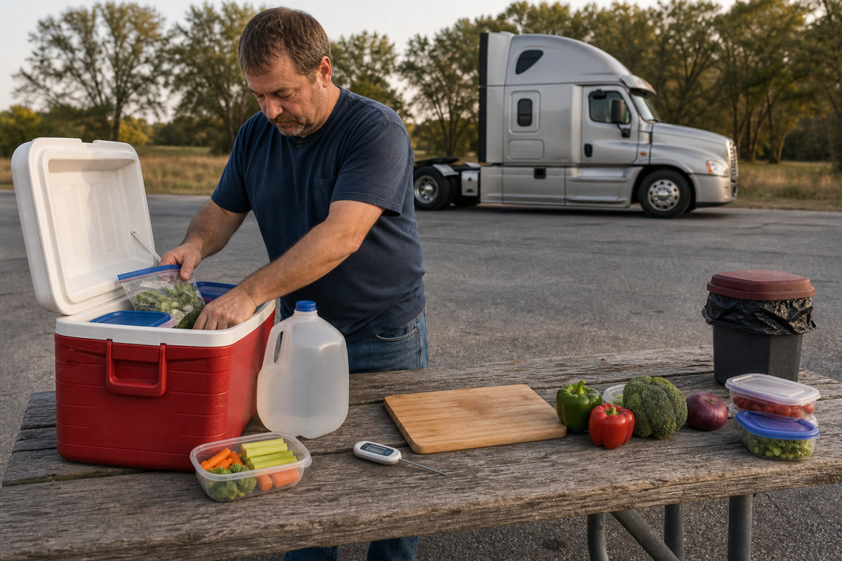 Driver organizing a cooler and road-kitchen supplies at an outdoor rest-area table