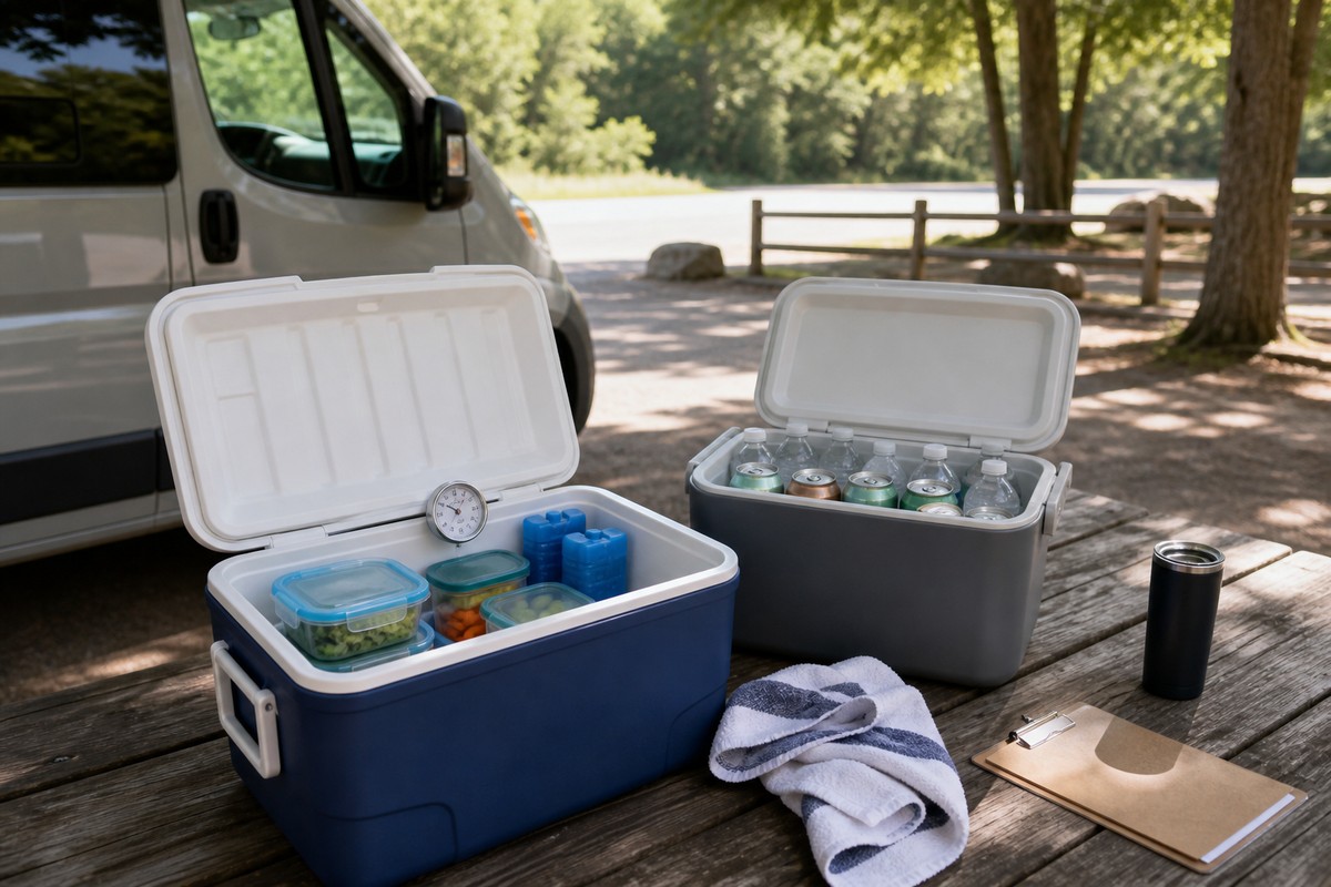 Separate food and drink coolers arranged in the shade beside a parked travel van